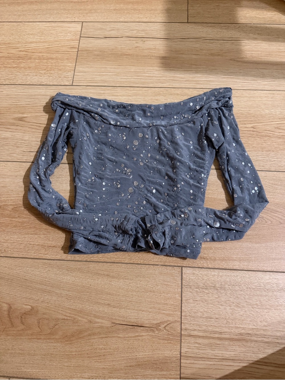Motel Rocks Slate Gray Metallic Dot Mesh Top